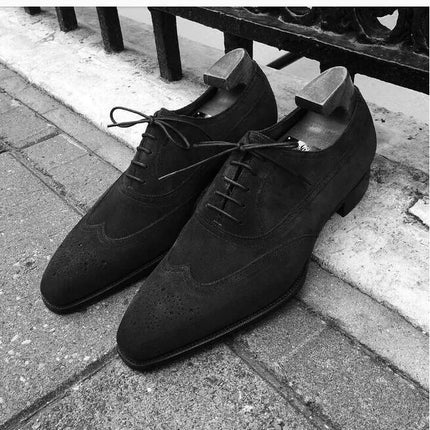 Handmade Men Black Suede Wingtip Shoes, Black Formal Shoes, Mens Shoes