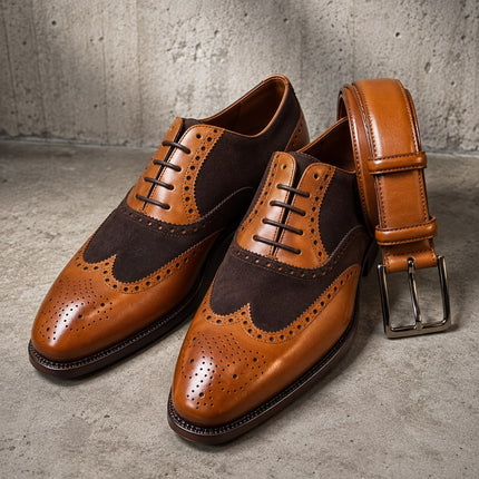 Handmade two tone brown leather brogue lace up office shoes, Wingtip dress shoe for men
