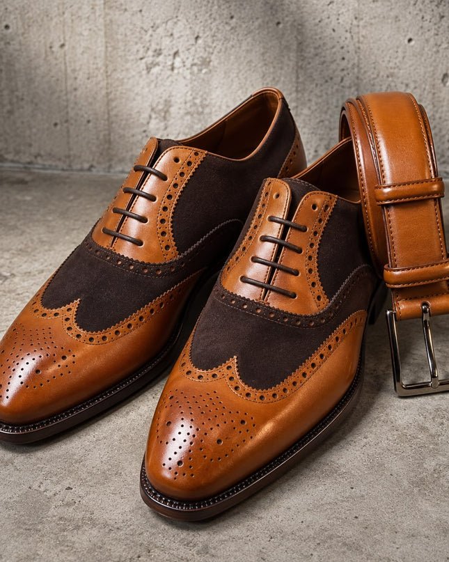 Handmade two tone brown leather brogue lace up office shoes, Wingtip dress shoe for men