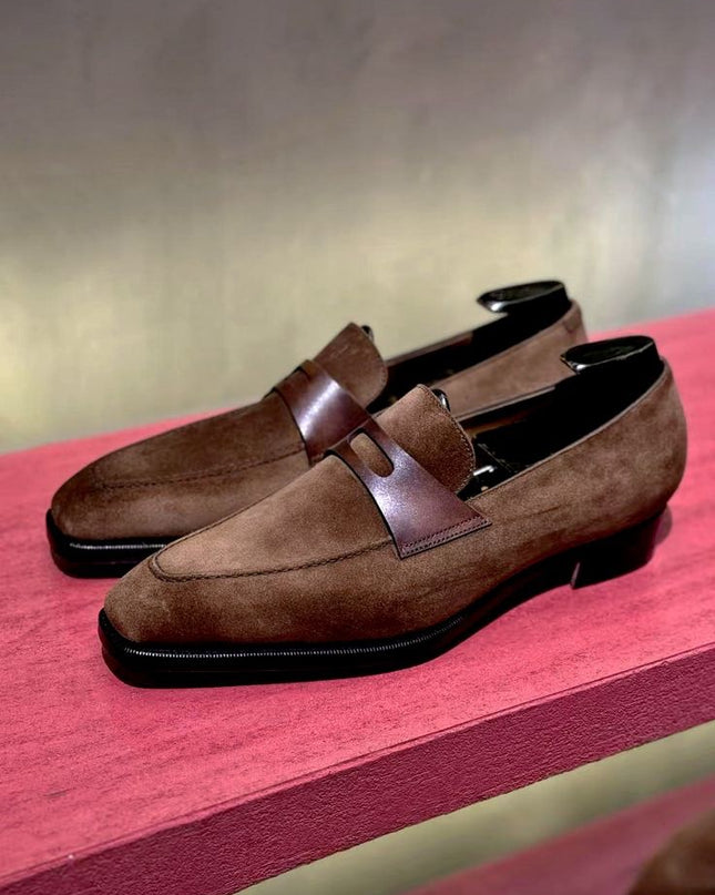 Handmade Dark Brown Suede Moccasins, Men Formal Stripe Slip Ons Dress Shoes