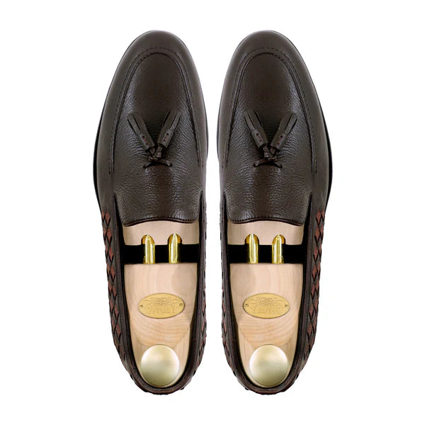 Handmade Men Brown Moccasins Tassels Woven Calf Leather Dress Shoes, Slip Ons