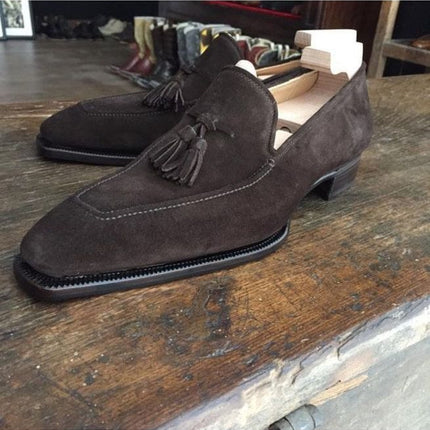 Handmade Men Brown Formal Shoes, Brown Suede Leather Tassels Shoes