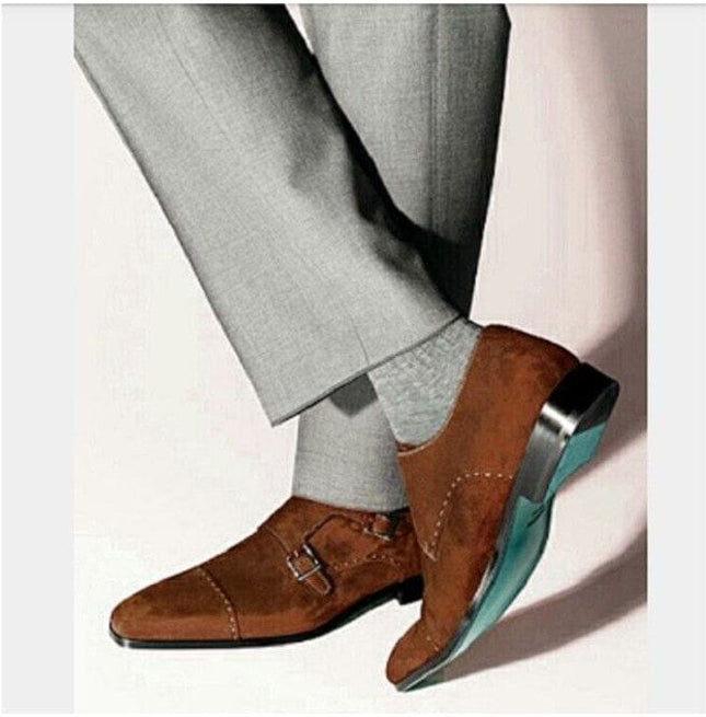 Men Black Color Formal Double Monk Shoes, Classic Suede Dress Shoes