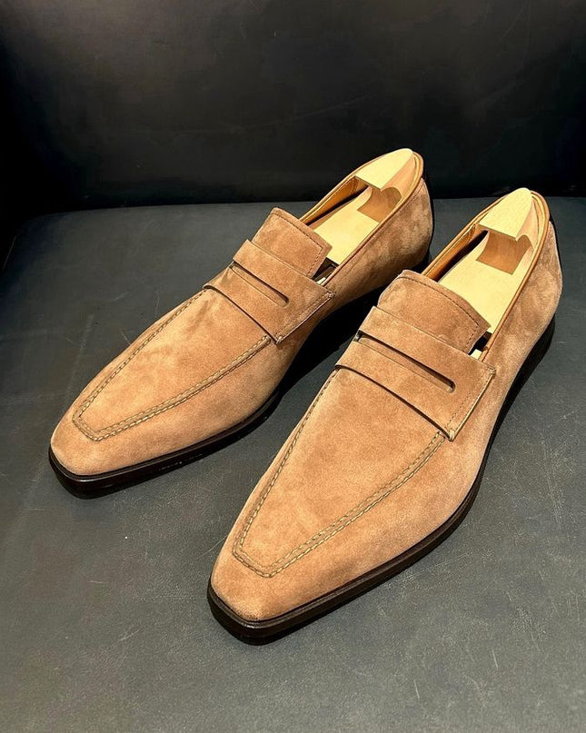 Handmade Light Brown Suede Moccasins, Men Formal Stripe Slip Ons Dress Shoes
