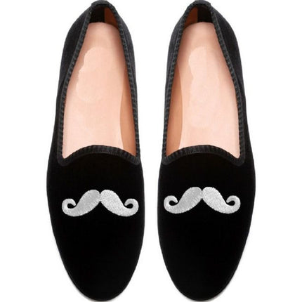Handmade Mens Mustache Velvet Loafer Casual Shoes, Men Embroidered Shoes