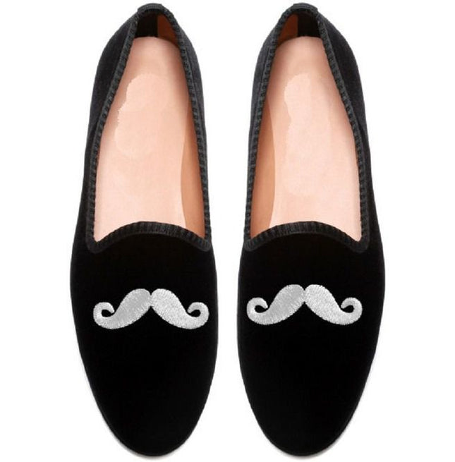 Handmade Mens Mustache Velvet Loafer Casual Shoes, Men Embroidered Shoes