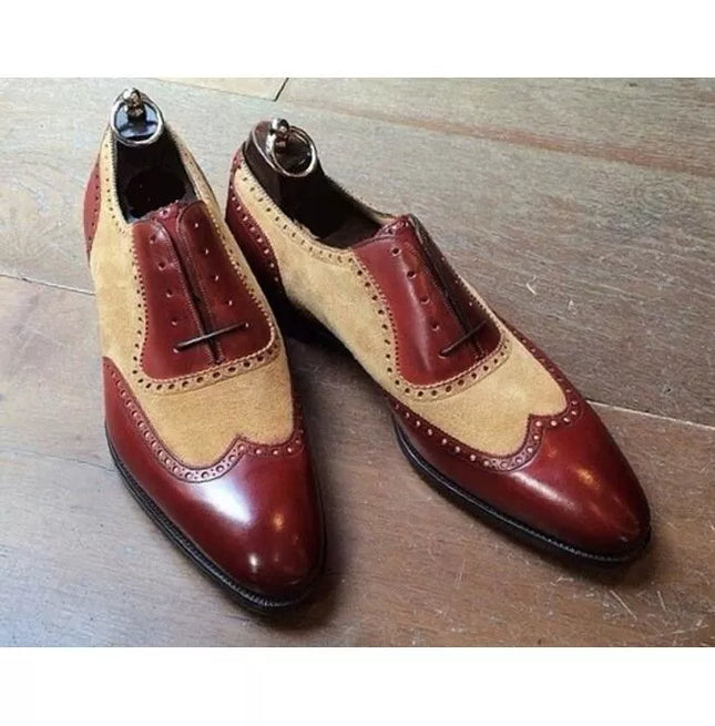 Handmade Men Two Tone Leather Formal Shoes, Beige And Brown Dress Shoes