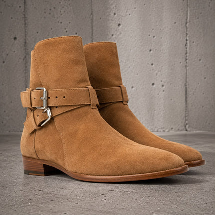 Handmade brown suede high ankle side buckle formal boots, Party boots for mens