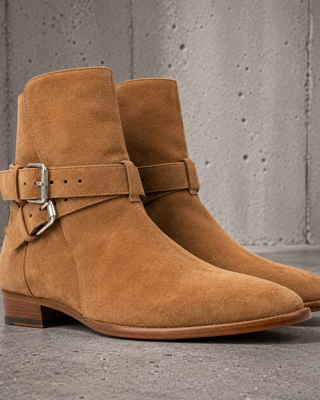 Handmade brown suede high ankle side buckle formal boots, Party boots for mens