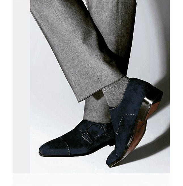 Handmade Men Monk Strap Shoes, Suede Shoes, Navy Blue Dress Shoes
