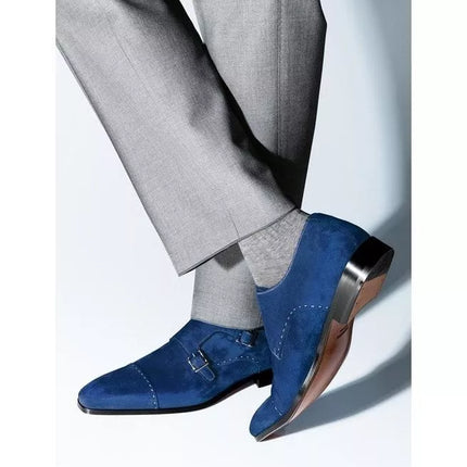 Handmade Men Monk Strap Shoes, Suede Shoes, Royal Blue Shoes, Formal Shoes
