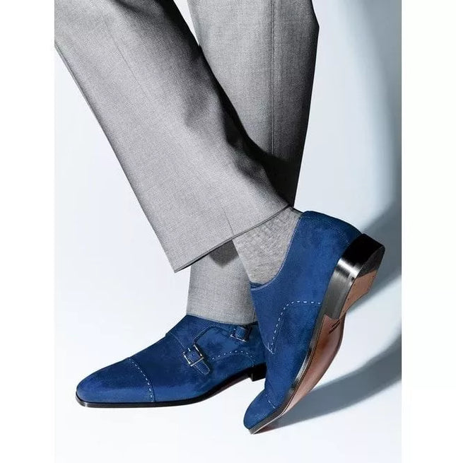 Handmade Men Monk Strap Shoes, Suede Shoes, Royal Blue Shoes, Formal Shoes