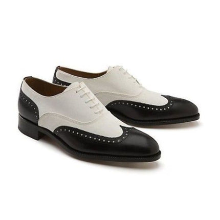 Handmade Men Black And White Wingtip Shoes, Mens Dress Leather Shoes