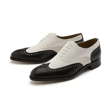 Handmade Men Black And White Wingtip Shoes, Mens Dress Leather Shoes