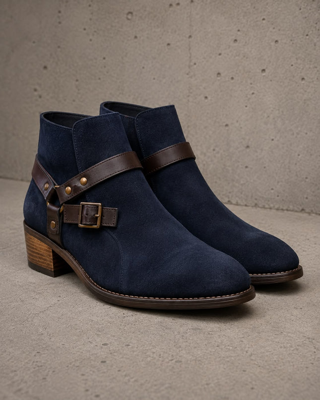 Handmade men dark blue suede low ankle buckle formal boots, Dress boots for men