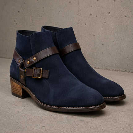 Handmade men dark blue suede low ankle buckle formal boots, Dress boots for men