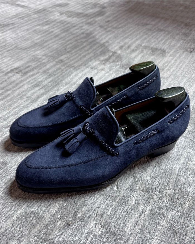 Handmade Blue Suede Tassels Loafer Moccasins, Men Formal Slip Ons Dress Shoes