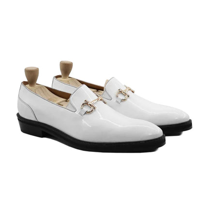 Handmade Men Patent Leather White Moccasins Dress Shoes, Slip Ons Shoes