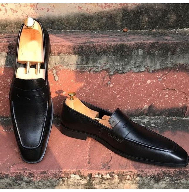 Handmade Men Black Leather Dress Shoes, Leather Moccasins Slip Ons Shoes