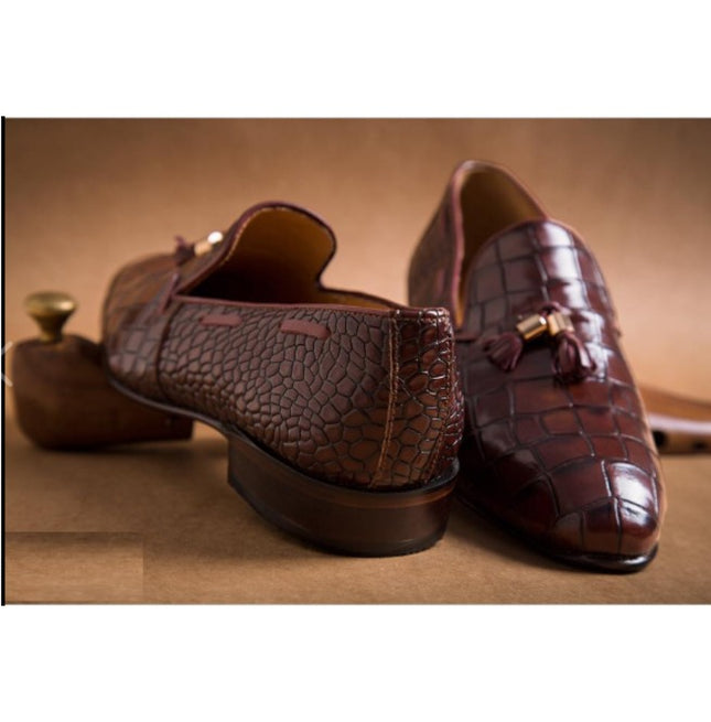 Mens Brown Leather Tassels Shoes, Men Brown Crocodile Texture Moccasins