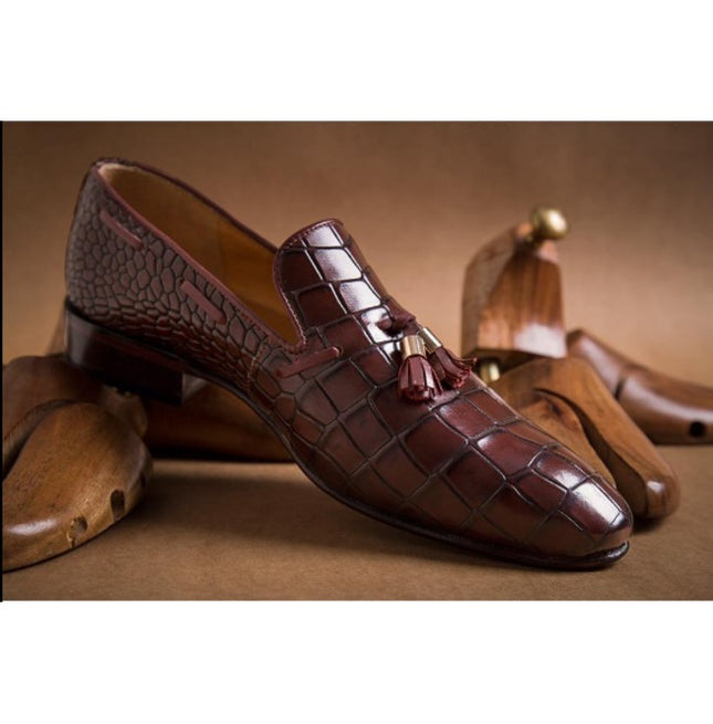 Mens Brown Leather Tassels Shoes, Men Brown Crocodile Texture Moccasins