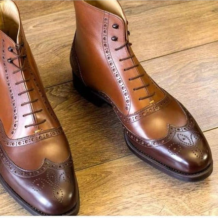 Men Brown Leather Wingtip Ankle Leather Boots Hand Burnish Brogue Boots