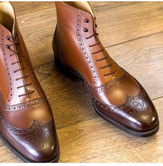 Men Brown Leather Wingtip Ankle Leather Boots Hand Burnish Brogue Boots