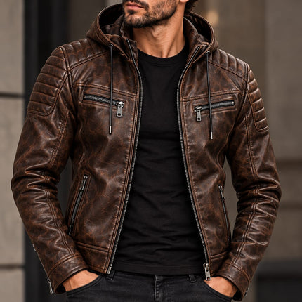 Men Brown Leather Hooded Jacket, Mens Biker Jacket, Casual Leather Jackets