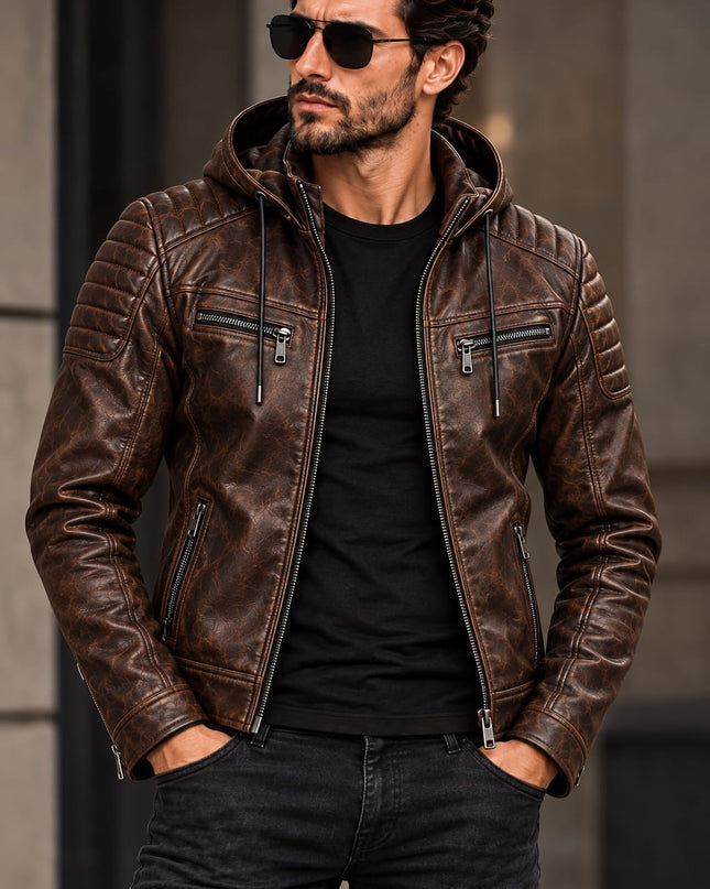 Men Brown Leather Hooded Jacket, Mens Biker Jacket, Casual Leather Jackets