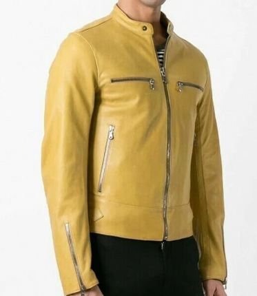 Handmade Men’s Yellow Jacket 100% Real Lambskin Leather Biker Slim Fit Jacket