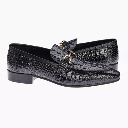 New Alligator Textured Leather Handmade Slip Ons Dress Shoes, Men Black Leather Moccasins