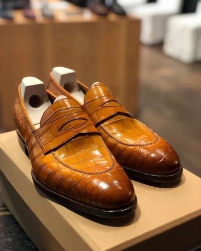 Handmade Leather Shaded Tan Loafer, Men Alligator Pattern Slip Ons Dress Shoes