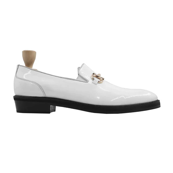 Handmade Men Patent Leather White Moccasins Dress Shoes, Slip Ons Shoes