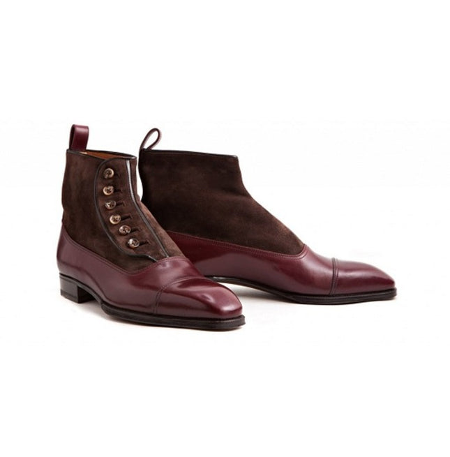 Handmade Formal Men Button Boot, Burgundy Ankle Cap Toe Boot, Boots