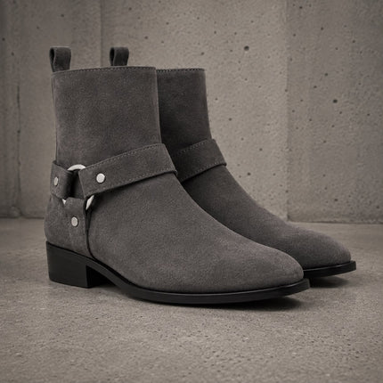Handmade dark gray suede high ankle side buckle formal boots, Party boots for mens