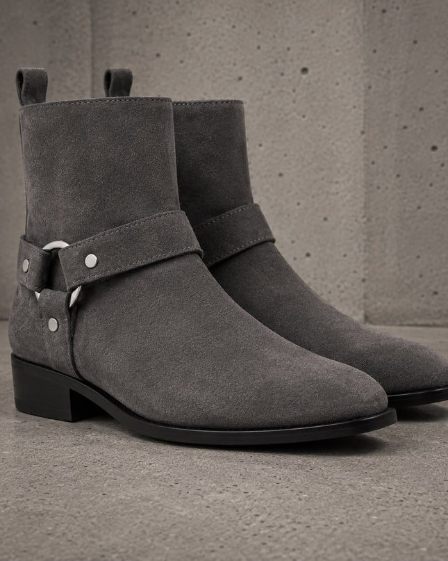 Handmade dark gray suede high ankle side buckle formal boots, Party boots for mens