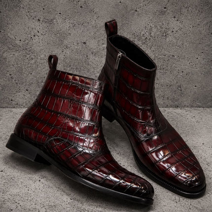 Handmade burgundy crocodile textured leather chelsea ankle boots, Formal pull on boots