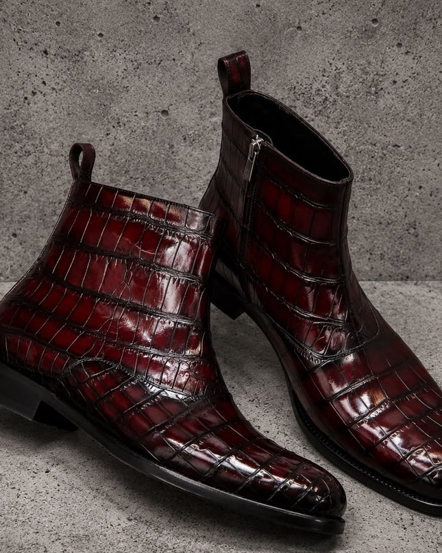 Handmade burgundy crocodile textured leather chelsea ankle boots, Formal pull on boots