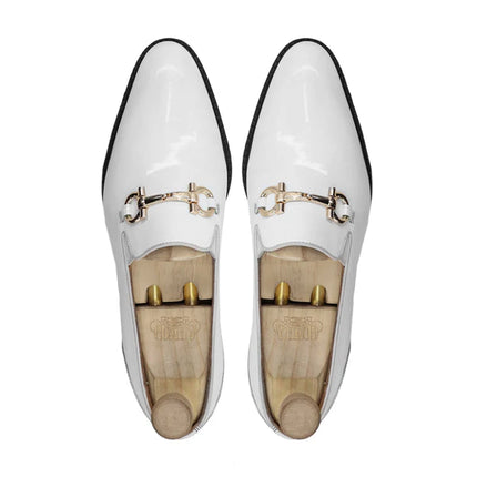 Handmade Men Patent Leather White Moccasins Dress Shoes, Slip Ons Shoes
