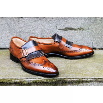 New Men’s Tan Fringe Wing Tip Brogue Monk Strap Handmade Formal Leather Shoes