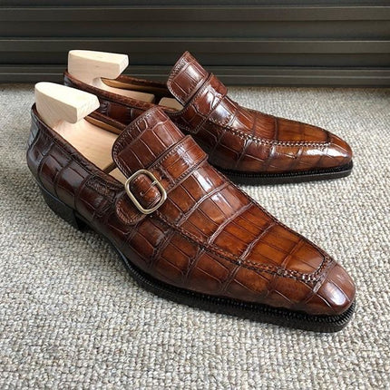 Handmade Dark Brown Monk Leather Shoes, Men Alligator Pattern Buckle Dress Shoes