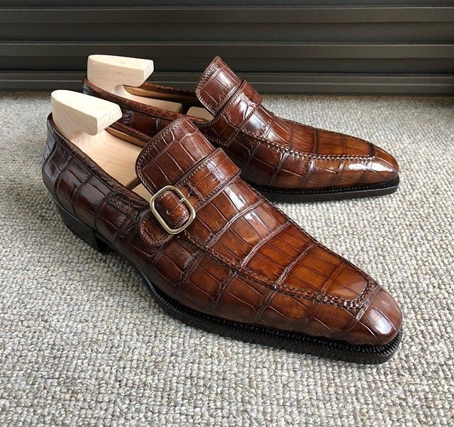 Handmade Dark Brown Monk Leather Shoes, Men Alligator Pattern Buckle Dress Shoes