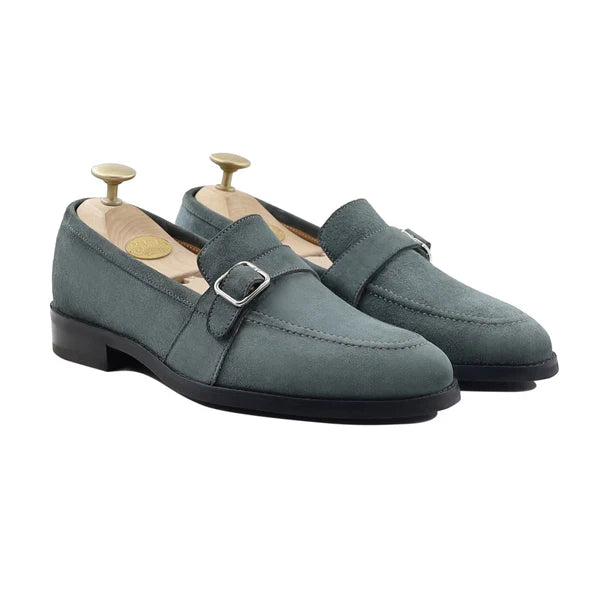 Handmade Men Charcoal Gray Suede Buckle Moccasins Dress Shoes, Slip Ons Shoes