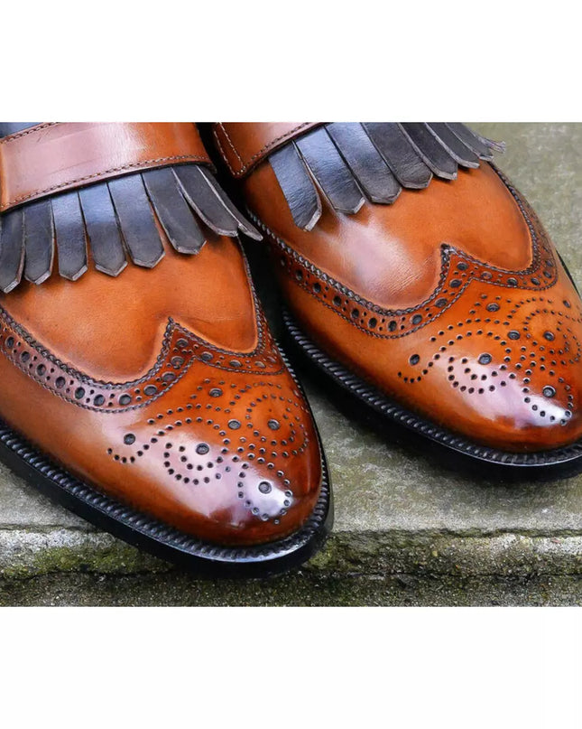 New Men’s Tan Fringe Wing Tip Brogue Monk Strap Handmade Formal Leather Shoes