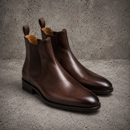 Handmade men brown leather chelsea ankle boots, Pull On mens office boots