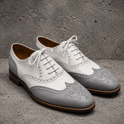 Handmade men white & grey leather wingtip lace up office shoes, Dress shoes for mens