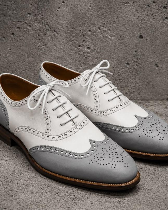 Handmade men white & grey leather wingtip lace up office shoes, Dress shoes for mens