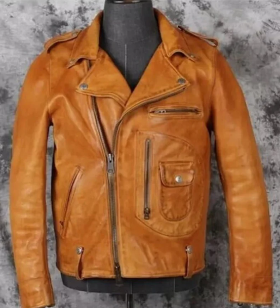 Handmade Men Tan Color Leather Biker Jacket, Leather Jackets for Men