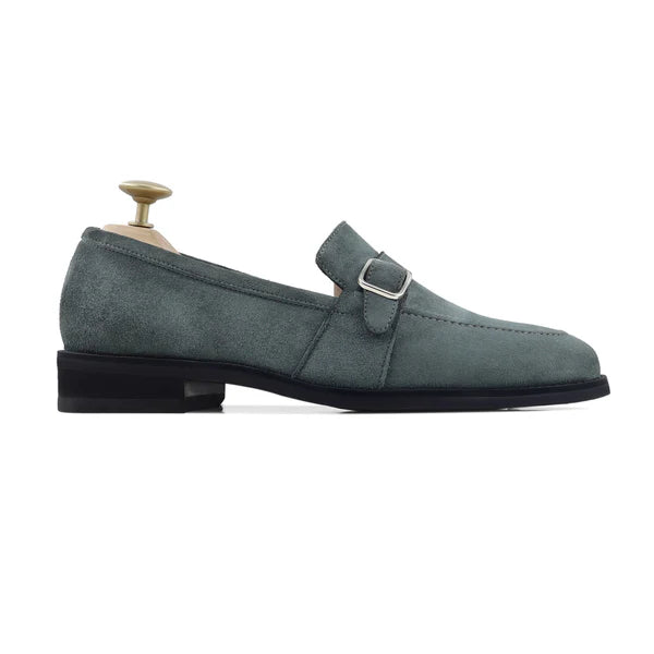 Handmade Men Charcoal Gray Suede Buckle Moccasins Dress Shoes, Slip Ons Shoes