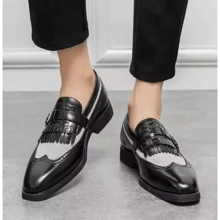 Handmade Men’s Two Tone Black and White Fringe Wing Tip Brogue Formal Leather & Suede Shoes